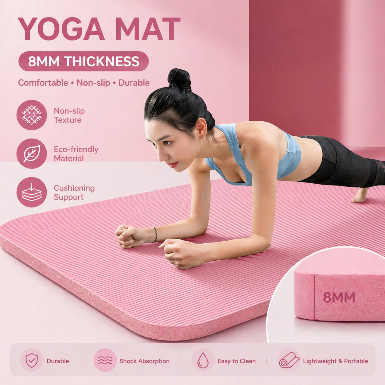 Yoga Daily Fitness - 185*61CM Pembe Kaymaz Yoga Mat Seti